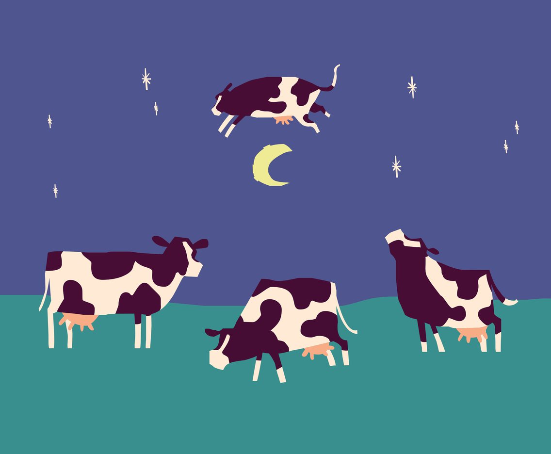 animated cows grazing and one cow jumping over the moon
