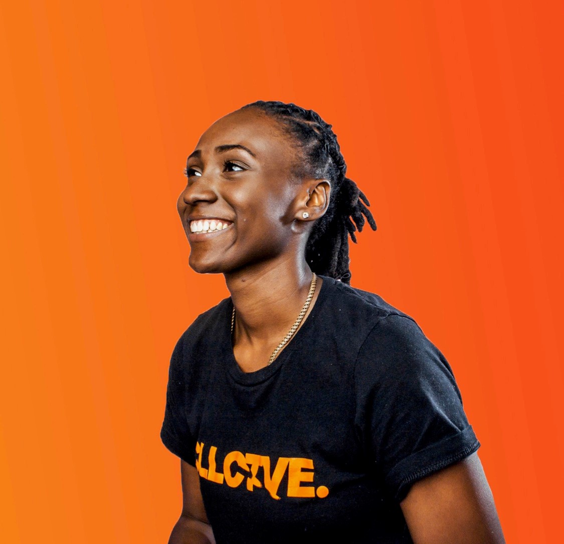 person against an orange background